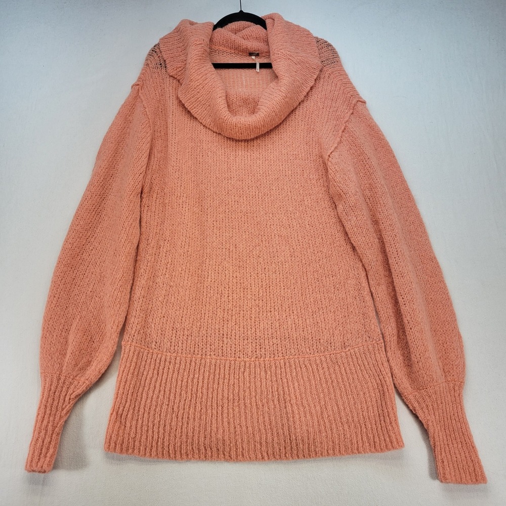 Free People Cowl Neck Long Sweater Womens Small Coral Orange Alpaca Fuzzy Knit